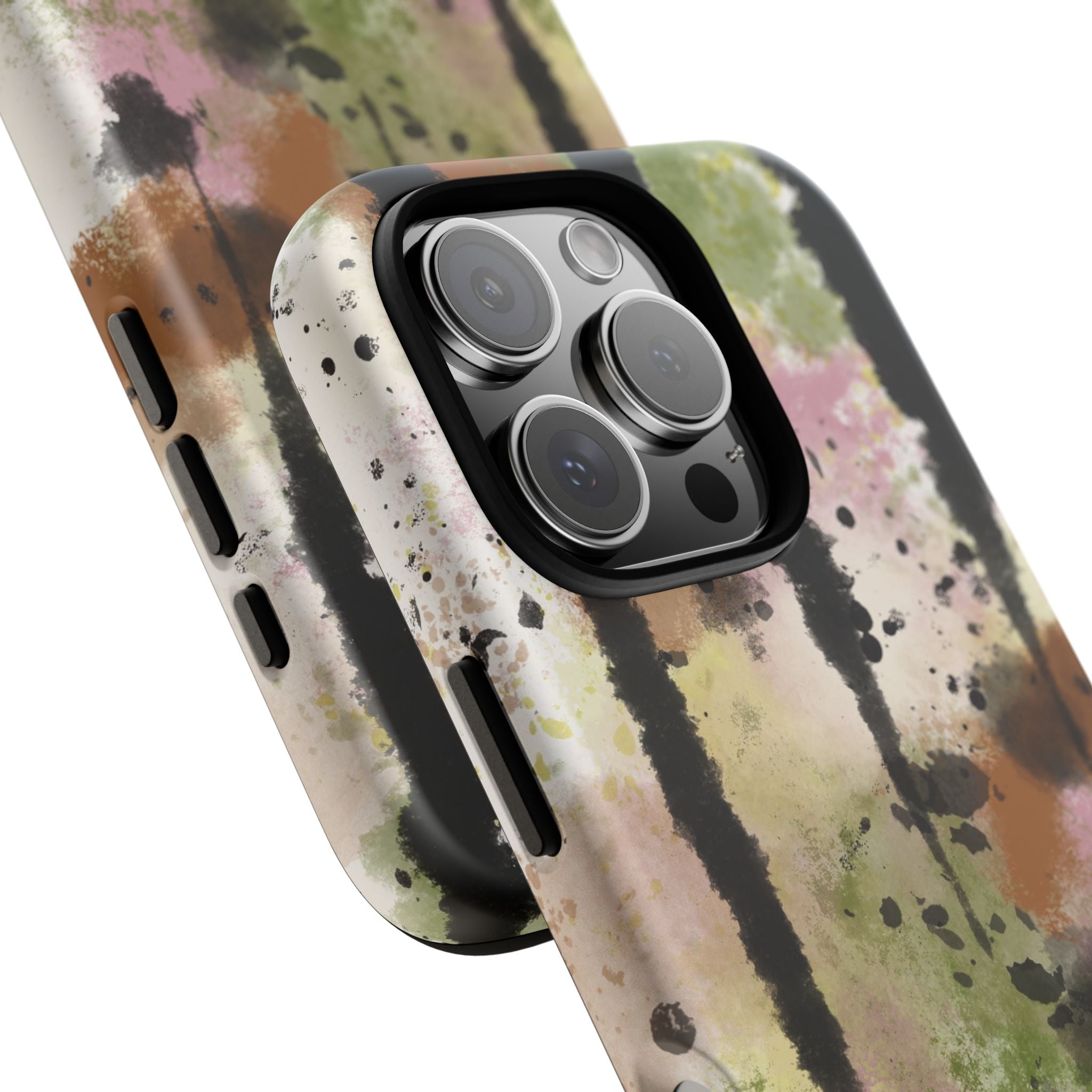Watercolor Ink Splash Tough Phone Case — Abstract Olive, Blush & Charcoal Protective Cover