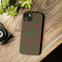 Abstract Face Line Art Slim Phone Case | Olive Green with Magenta Sketch