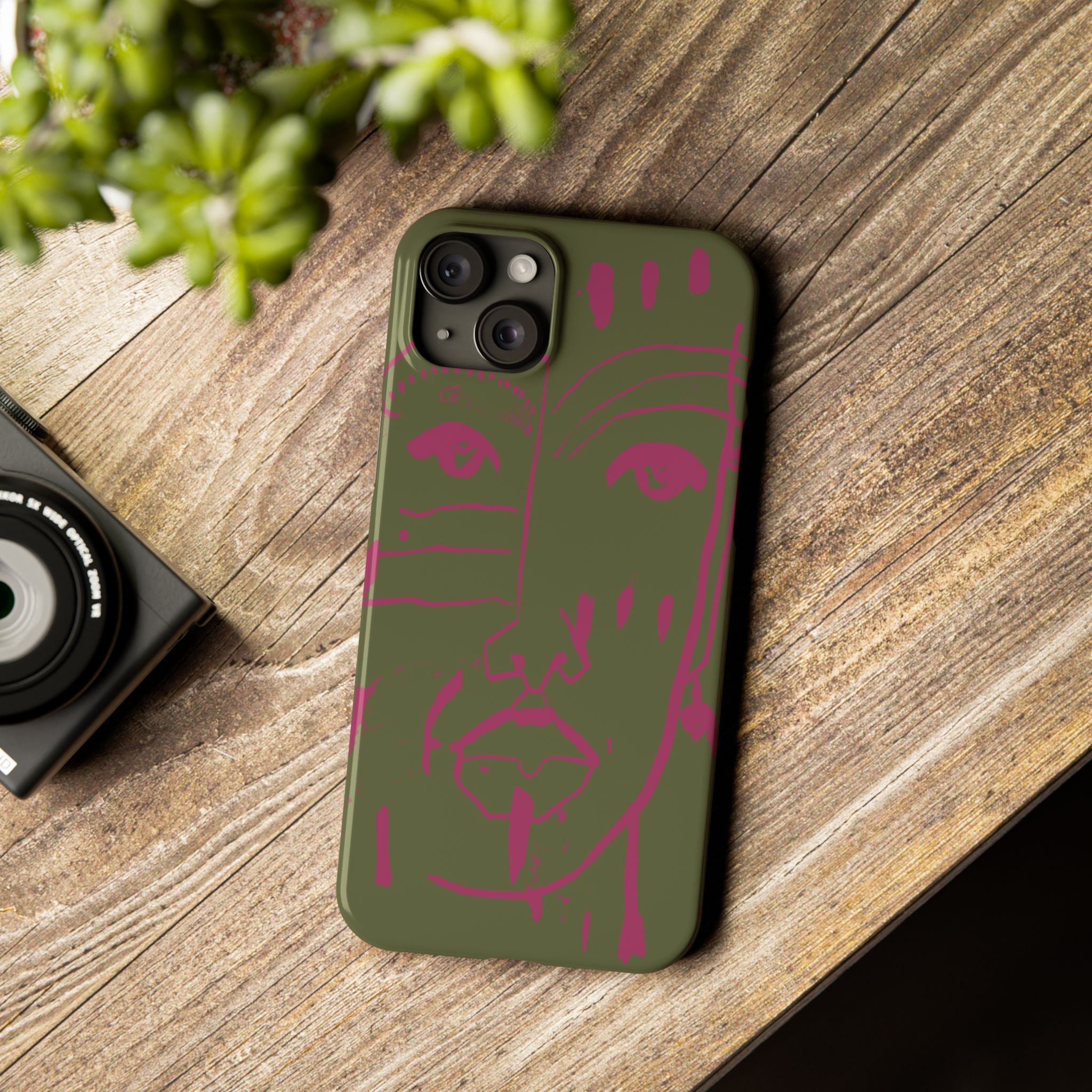 Abstract Face Line Art Slim Phone Case | Olive Green with Magenta Sketch