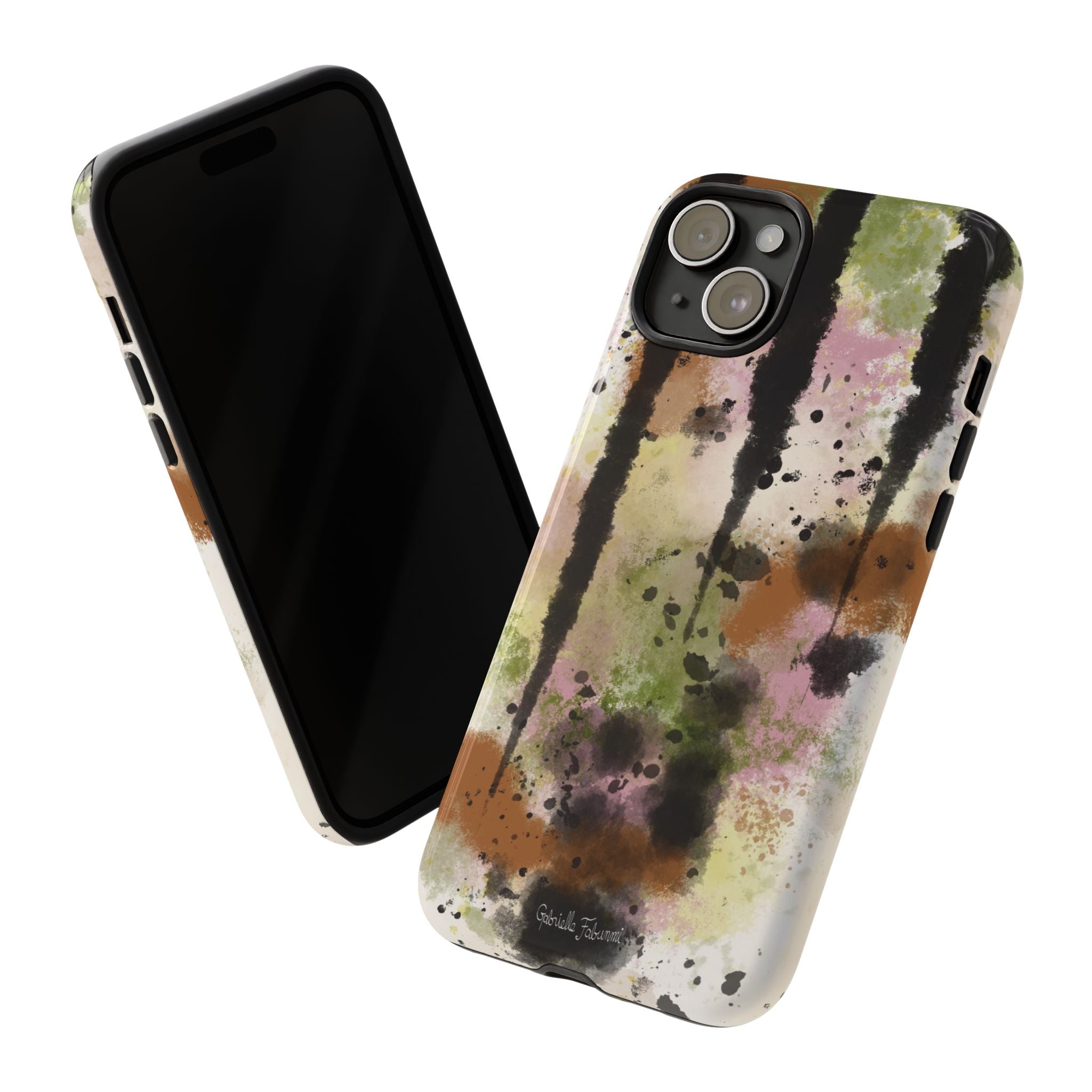 Watercolor Ink Splash Tough Phone Case — Abstract Olive, Blush & Charcoal Protective Cover