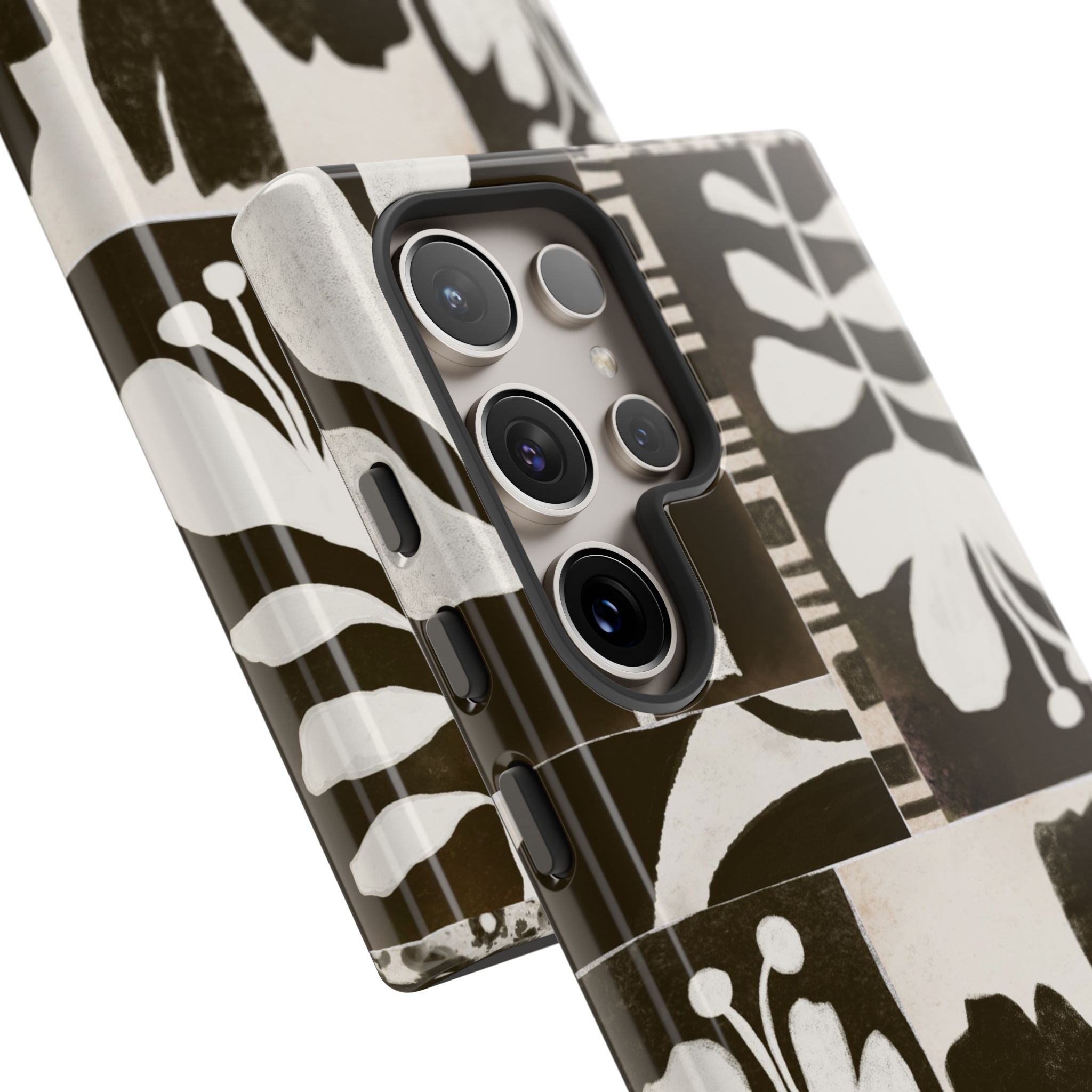 Floral Block Print Tough Phone Case — Black & White Botanical Protective Cover