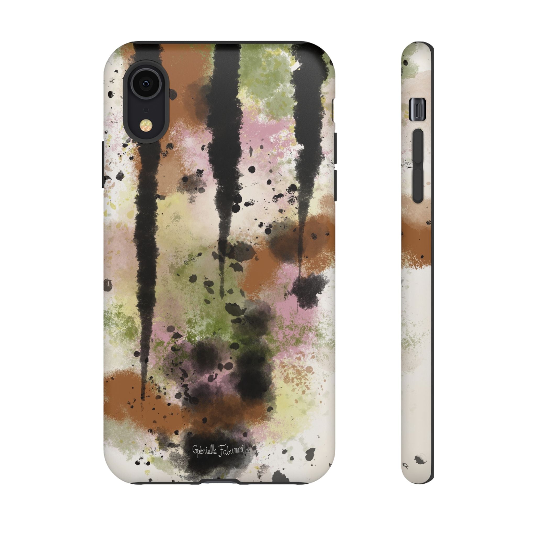 Watercolor Ink Splash Tough Phone Case — Abstract Olive, Blush & Charcoal Protective Cover