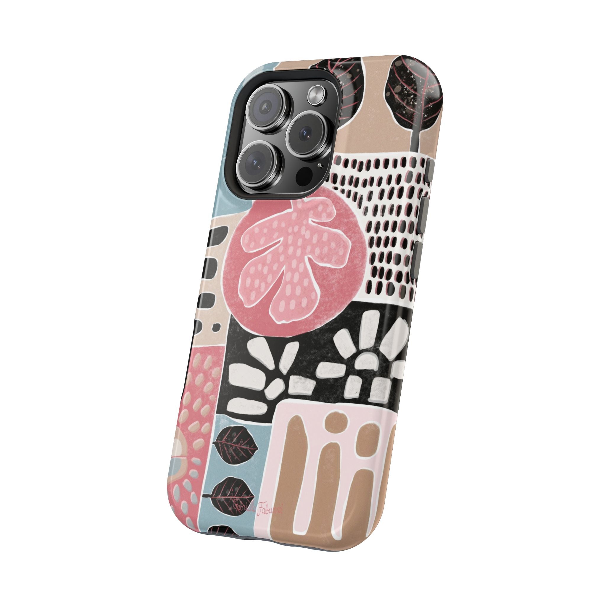 Abstract Floral Magnetic Phone Case — Impact-Resistant Protective Cover with Pink & Teal Collage Design