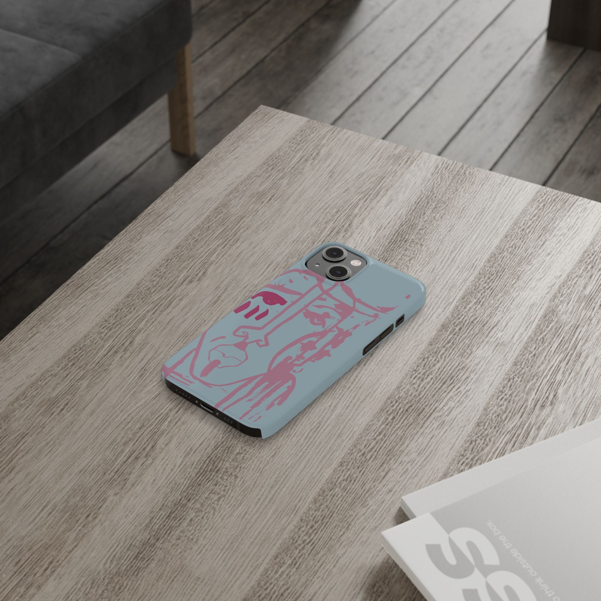 Abstract Line Face Slim Phone Case | Minimalist Portrait, Dusty Blue & Rose