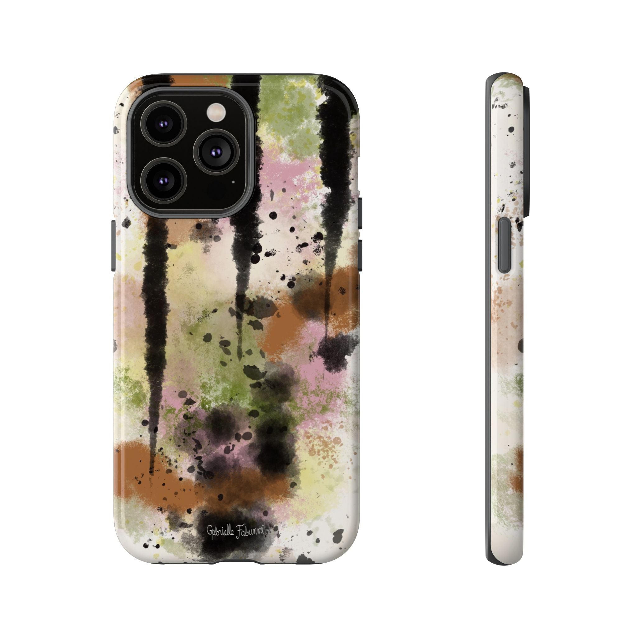 Watercolor Ink Splash Tough Phone Case — Abstract Olive, Blush & Charcoal Protective Cover