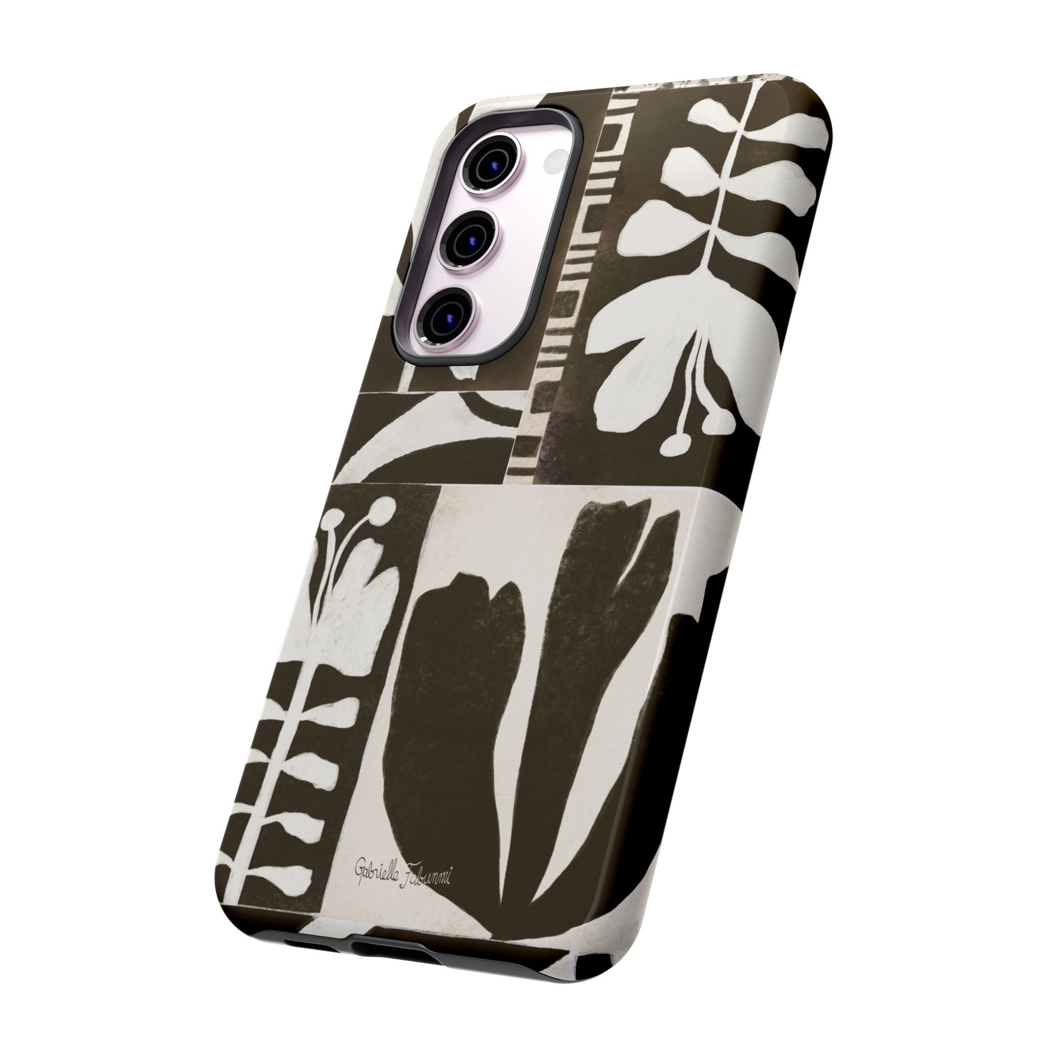 Floral Block Print Tough Phone Case — Black & White Botanical Protective Cover