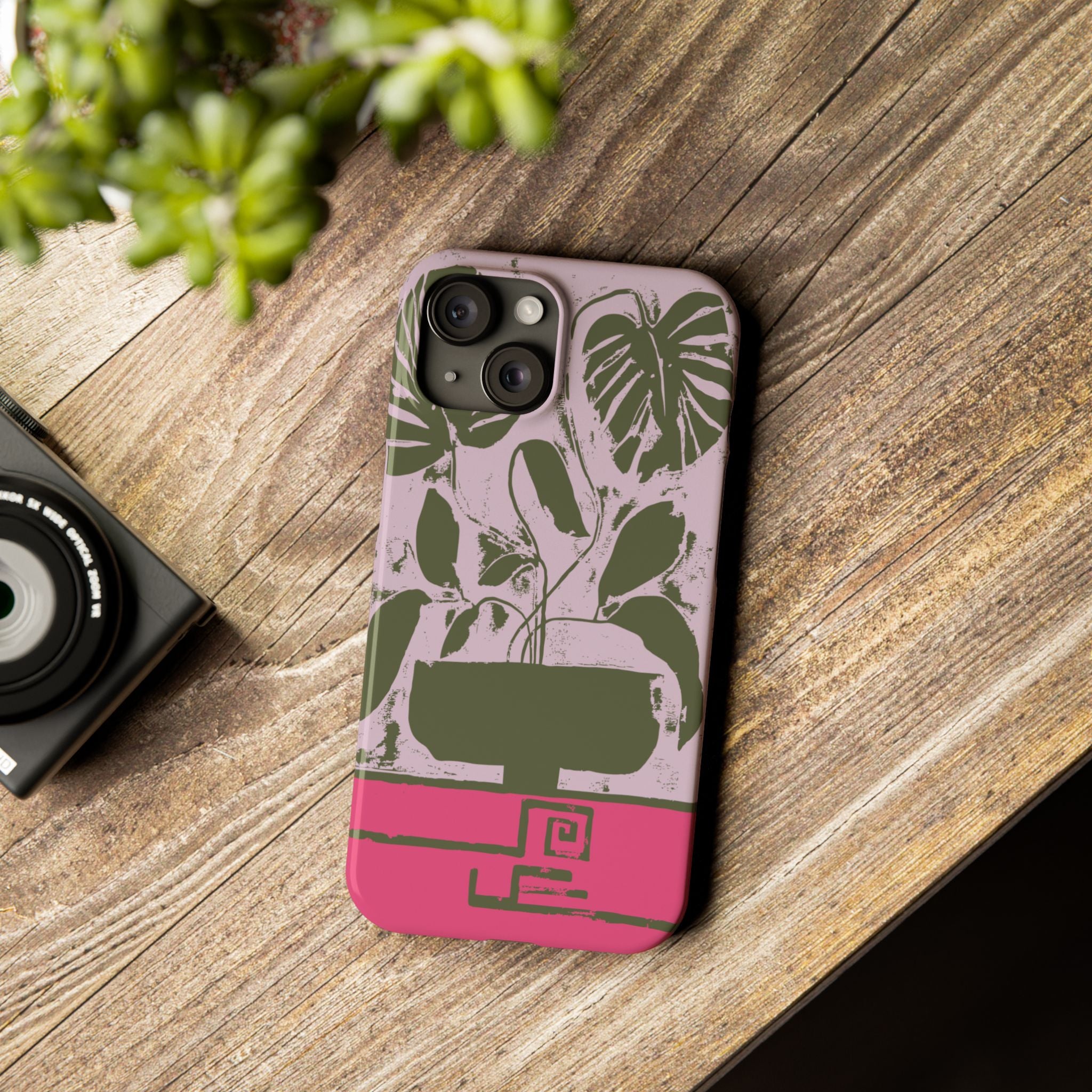 Slim Phone Case — Retro Monstera Plant Pink Green Botanical Design