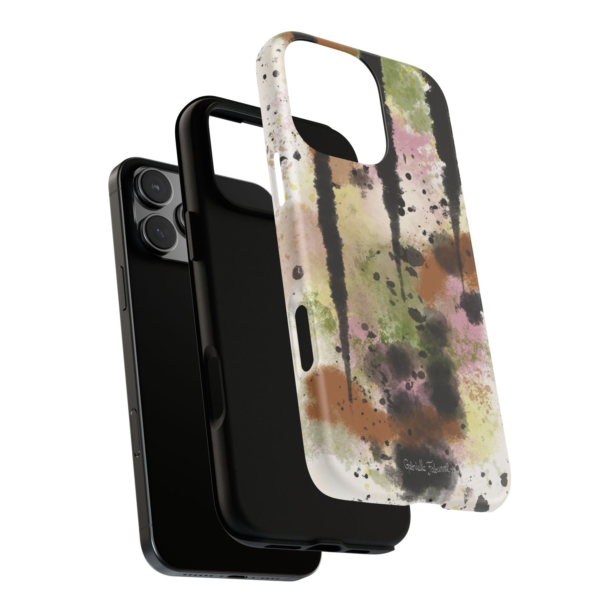 Watercolor Ink Splash Tough Phone Case — Abstract Olive, Blush & Charcoal Protective Cover