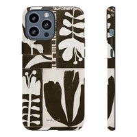 Floral Block Print Tough Phone Case — Black & White Botanical Protective Cover