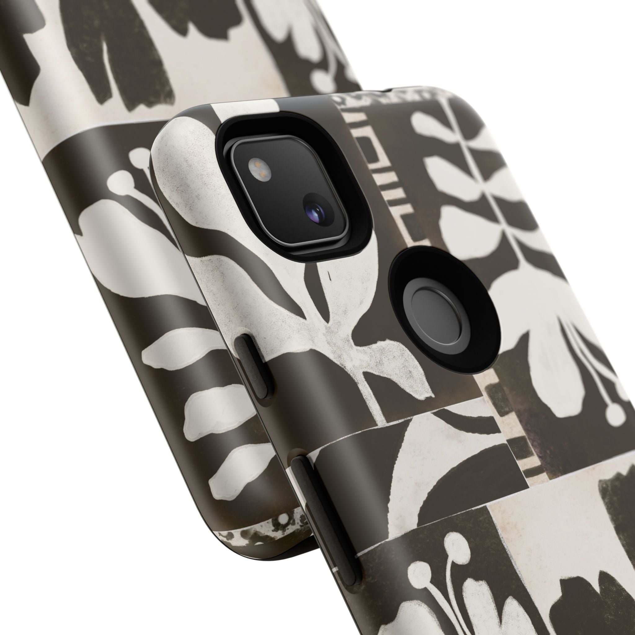 Floral Block Print Tough Phone Case — Black & White Botanical Protective Cover
