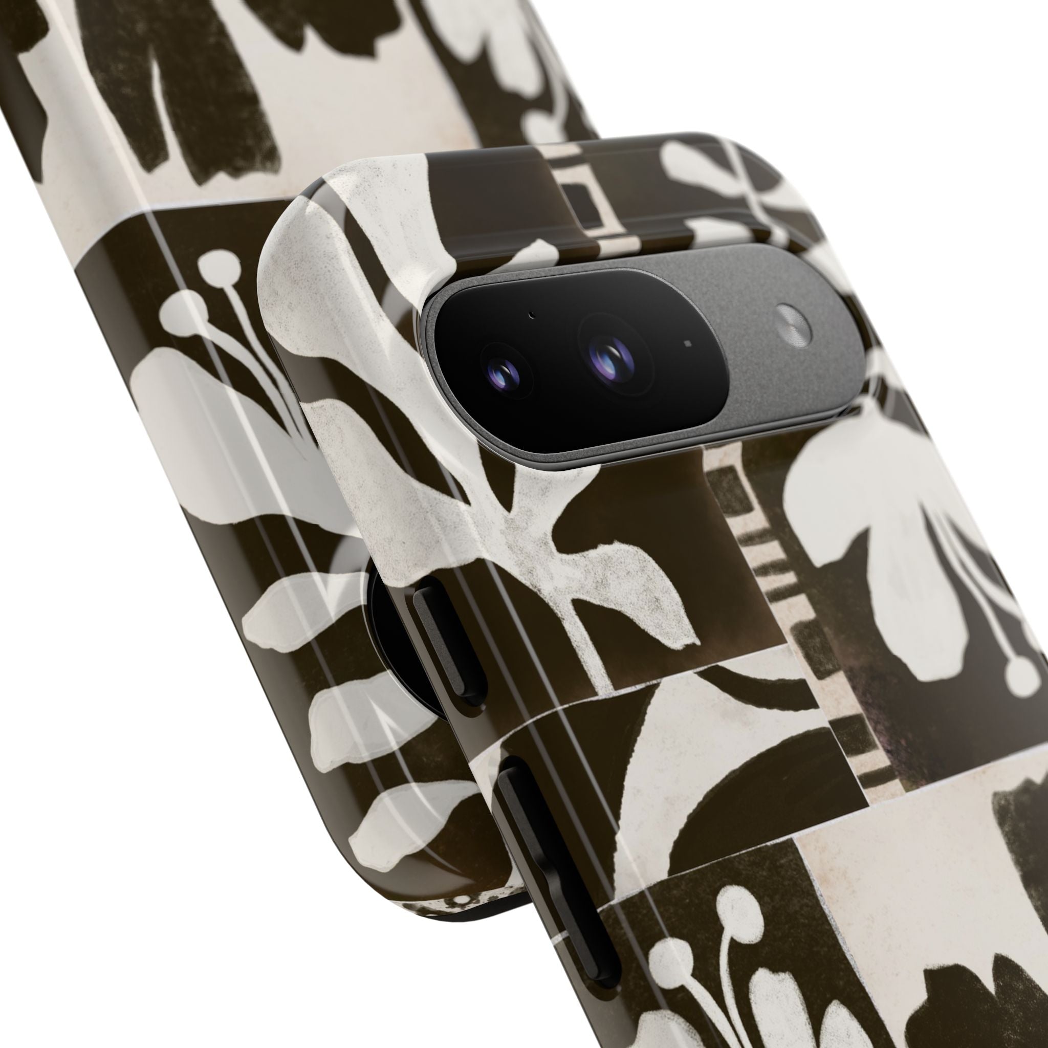 Floral Block Print Tough Phone Case — Black & White Botanical Protective Cover