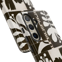 Floral Block Print Tough Phone Case — Black & White Botanical Protective Cover