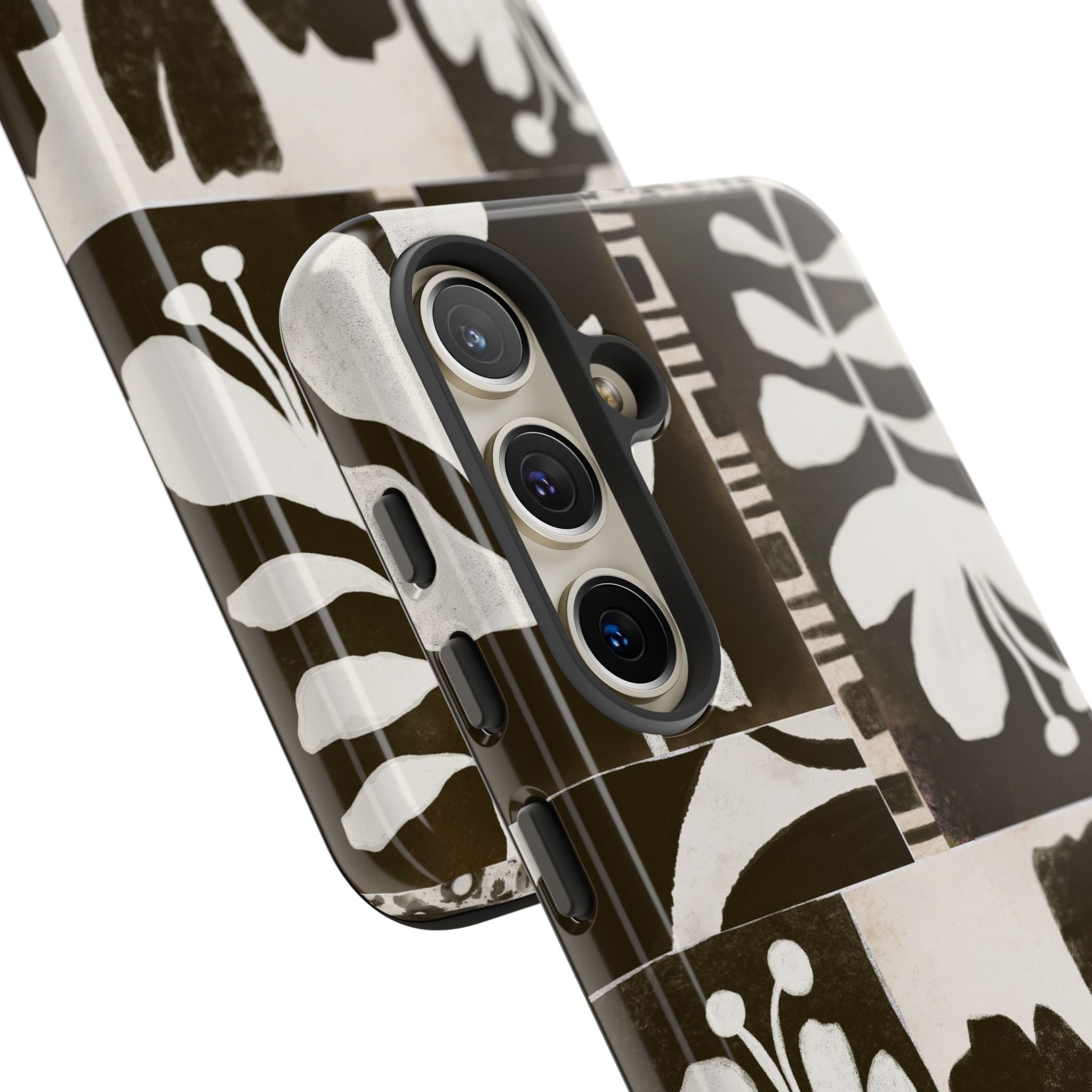 Floral Block Print Tough Phone Case — Black & White Botanical Protective Cover