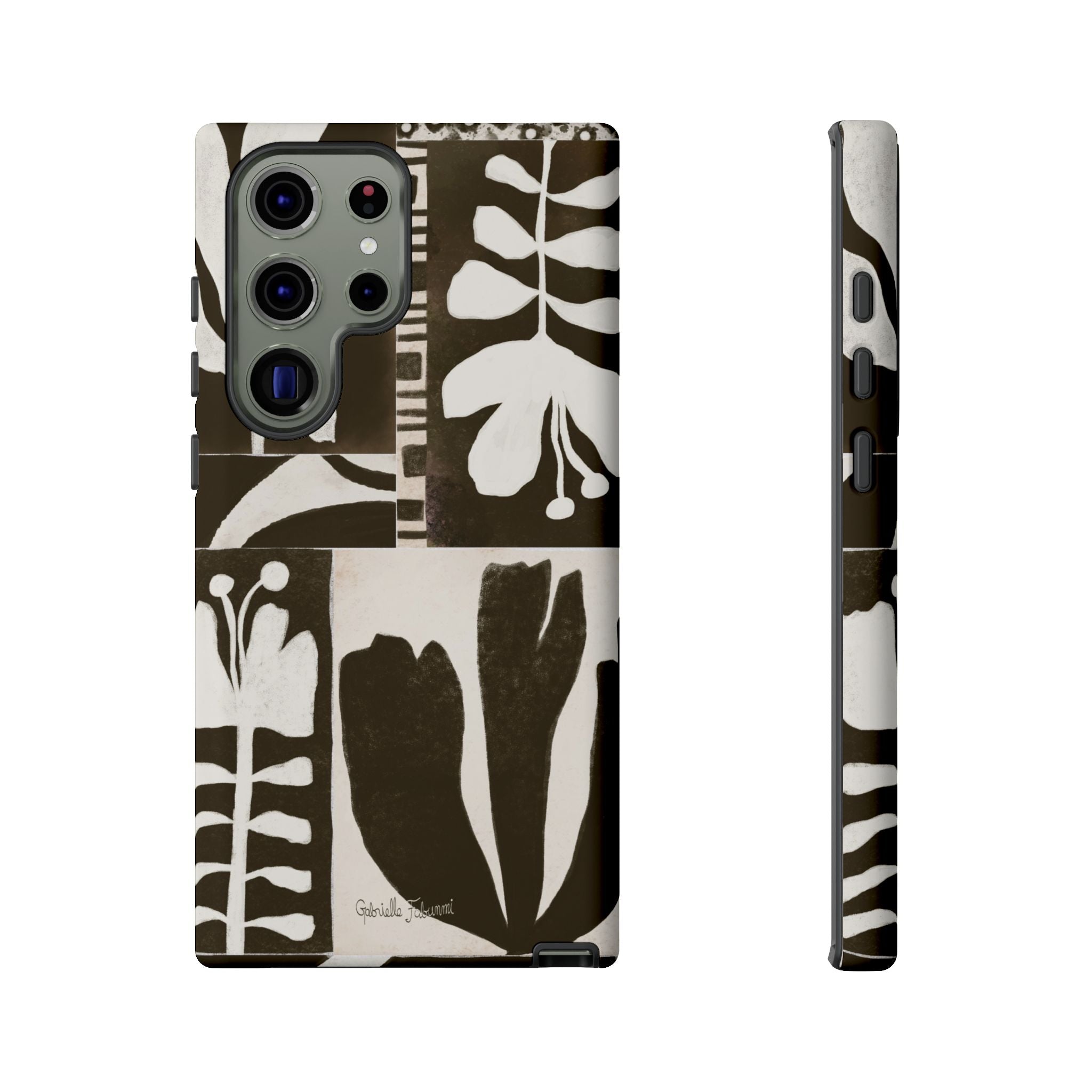 Floral Block Print Tough Phone Case — Black & White Botanical Protective Cover