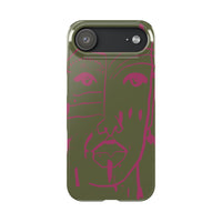 Abstract Face Line Art Slim Phone Case | Olive Green with Magenta Sketch