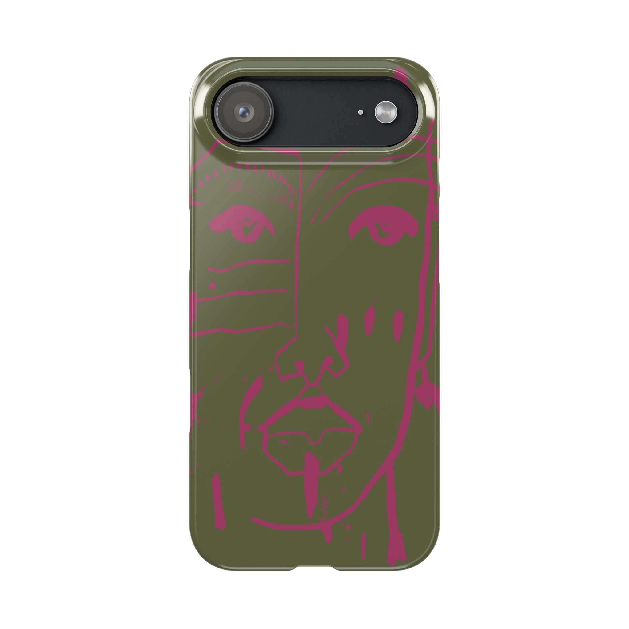 Abstract Face Line Art Slim Phone Case | Olive Green with Magenta Sketch