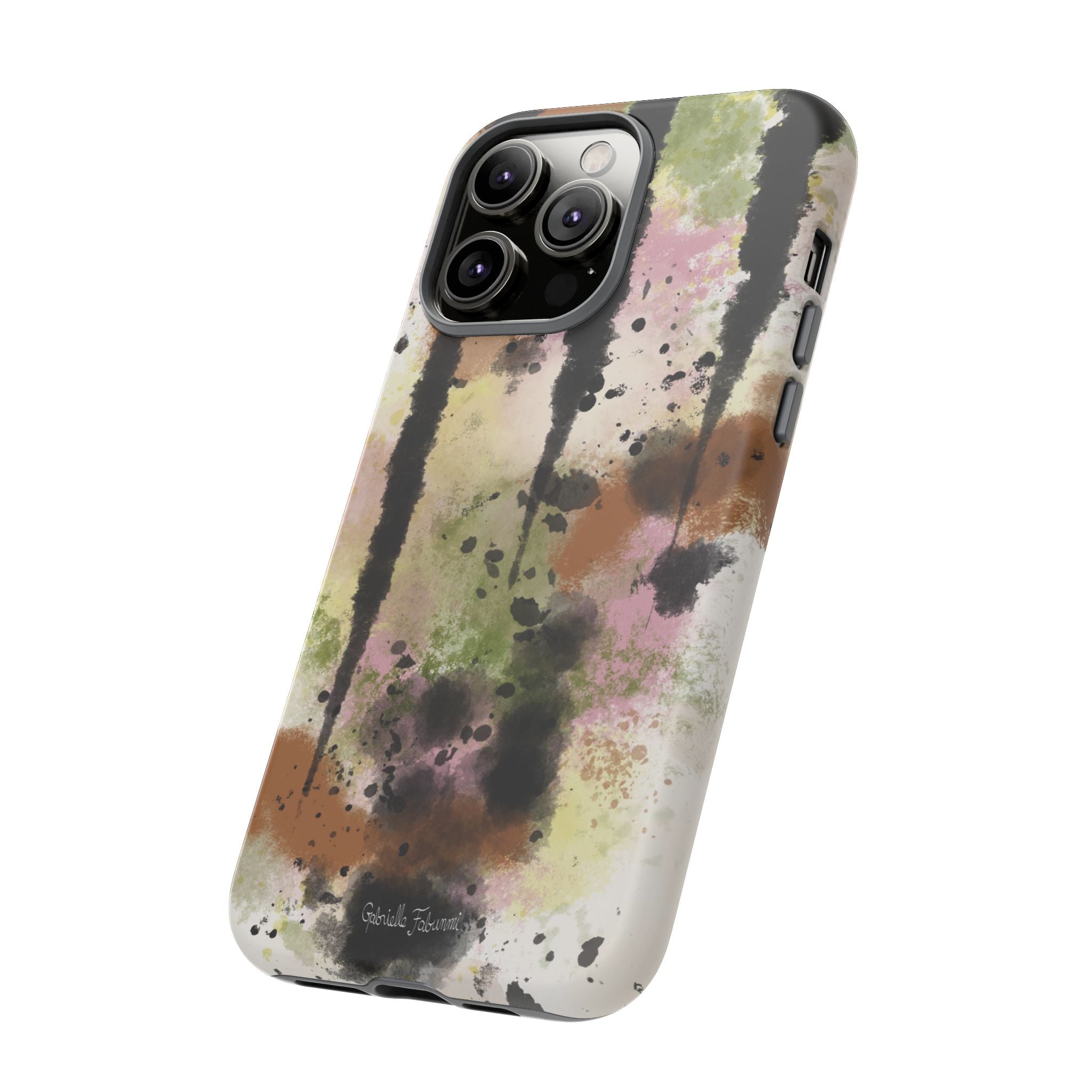 Watercolor Ink Splash Tough Phone Case — Abstract Olive, Blush & Charcoal Protective Cover
