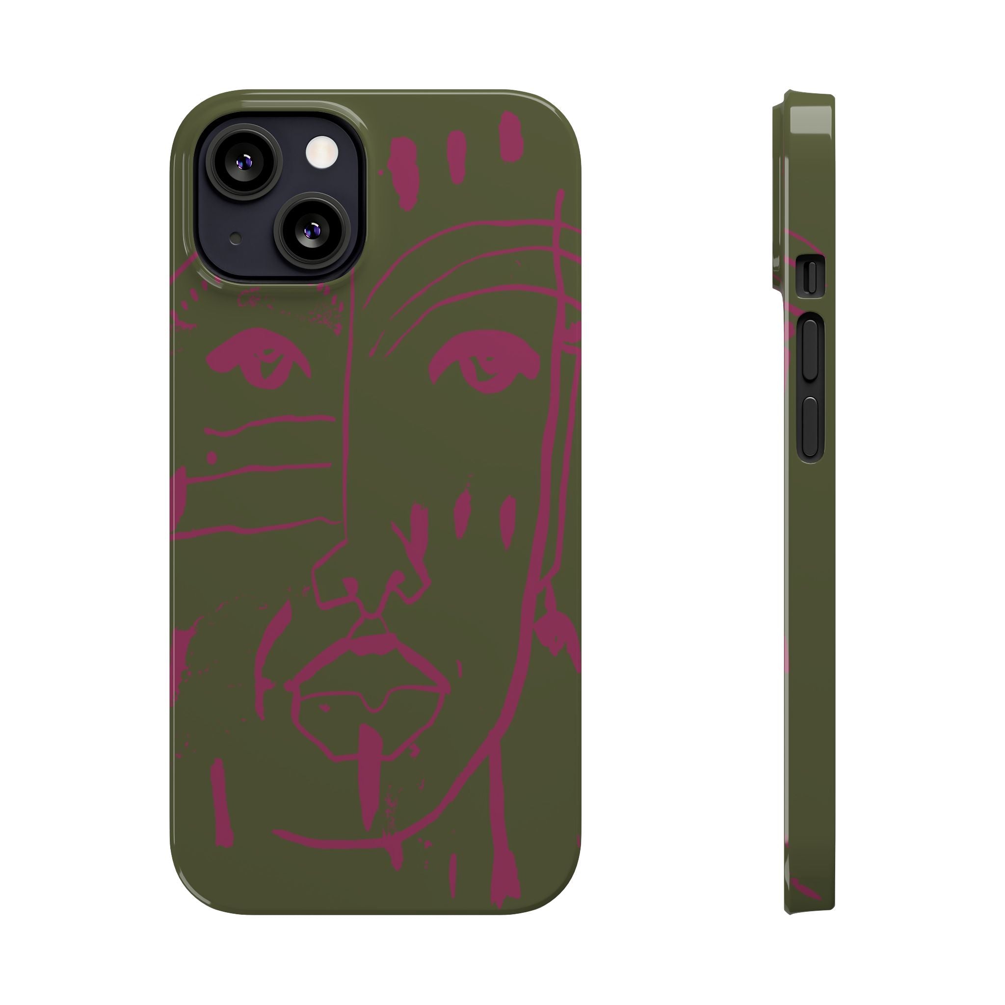 Abstract Face Line Art Slim Phone Case | Olive Green with Magenta Sketch