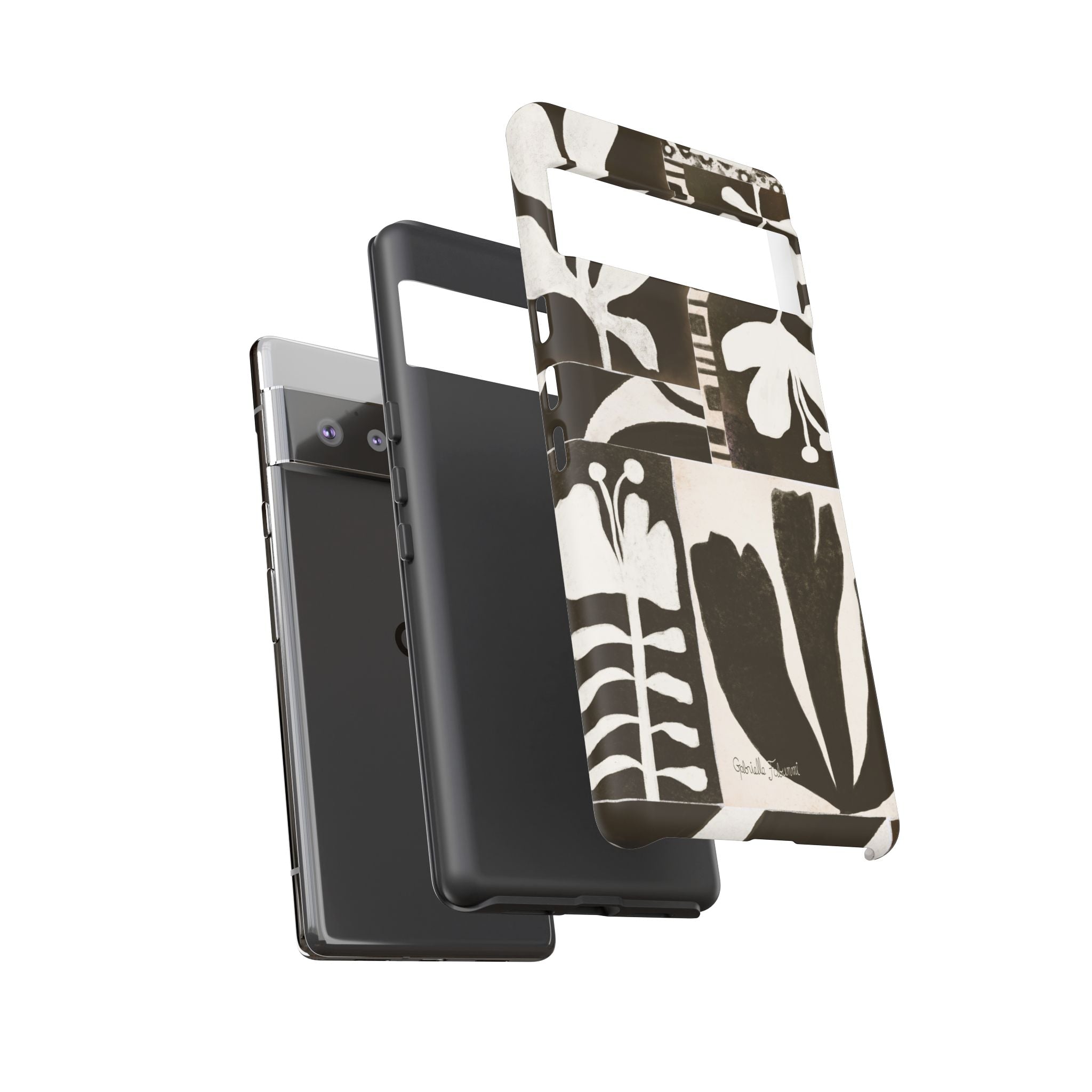 Floral Block Print Tough Phone Case — Black & White Botanical Protective Cover