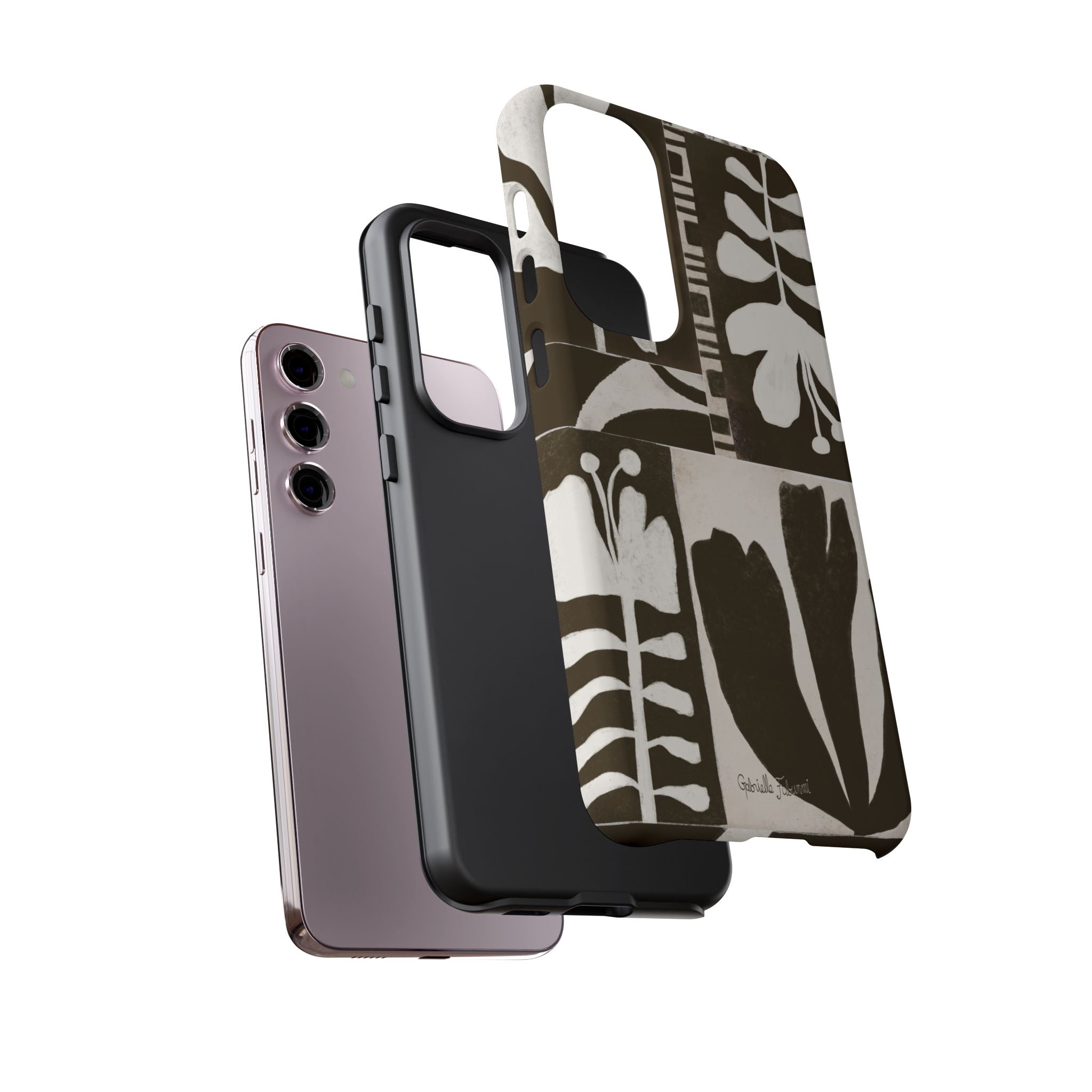 Floral Block Print Tough Phone Case — Black & White Botanical Protective Cover