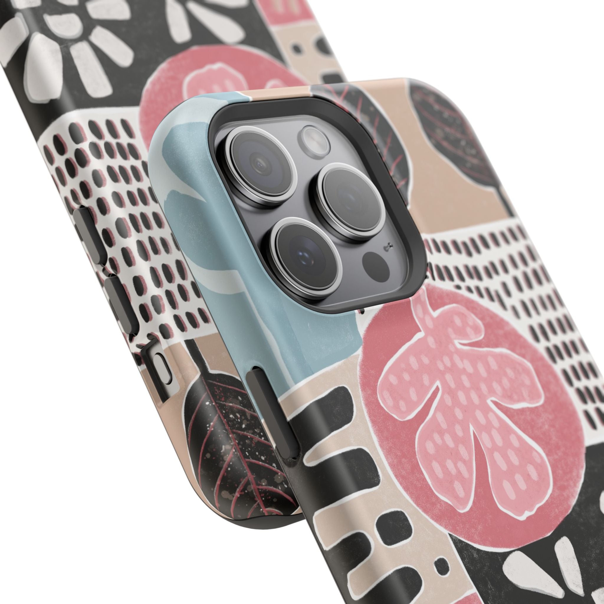 Abstract Floral Magnetic Phone Case — Impact-Resistant Protective Cover with Pink & Teal Collage Design