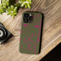 Abstract Face Line Art Slim Phone Case | Olive Green with Magenta Sketch