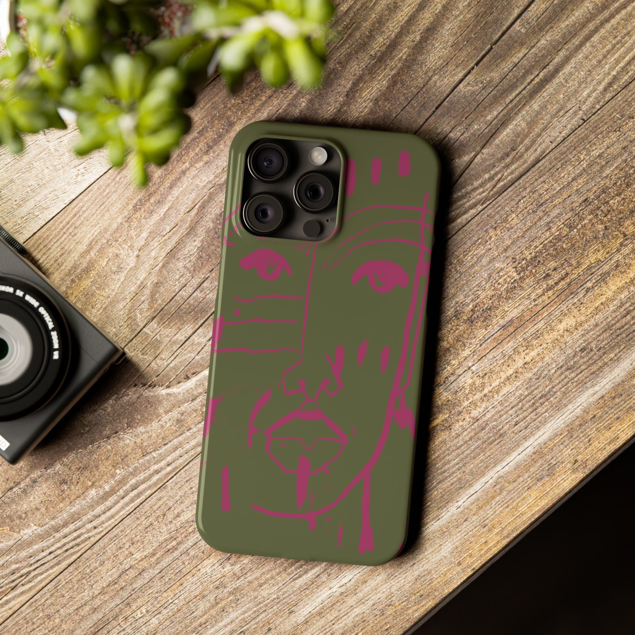 Abstract Face Line Art Slim Phone Case | Olive Green with Magenta Sketch