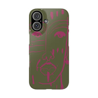 Abstract Face Line Art Slim Phone Case | Olive Green with Magenta Sketch