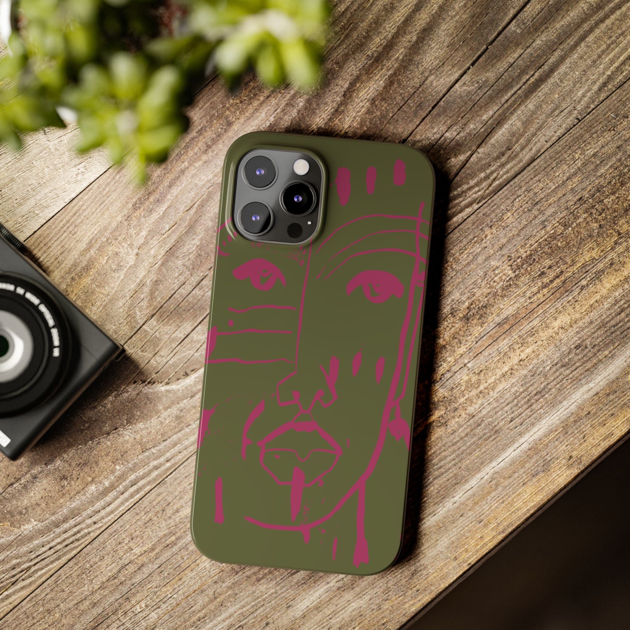 Abstract Face Line Art Slim Phone Case | Olive Green with Magenta Sketch