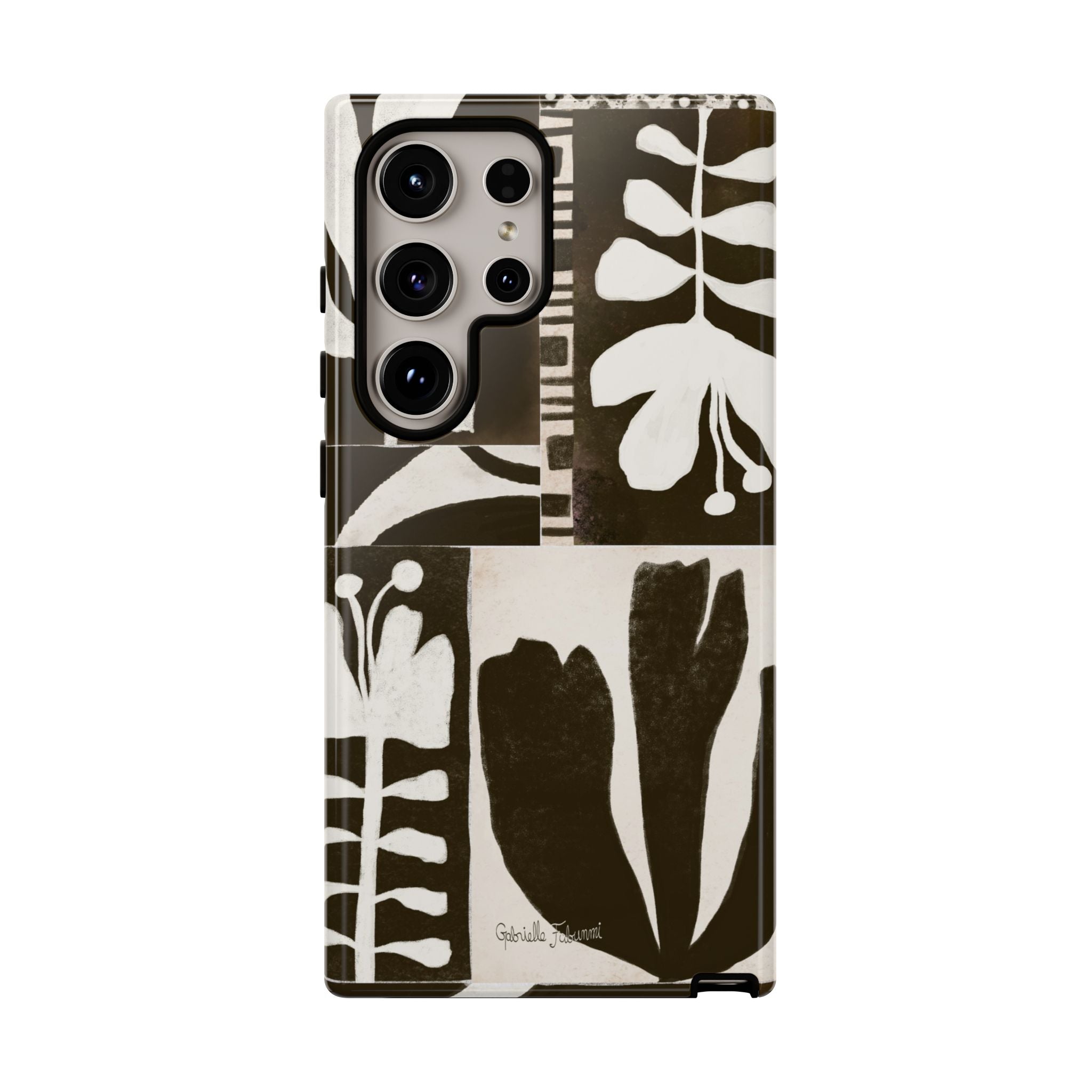 Floral Block Print Tough Phone Case — Black & White Botanical Protective Cover