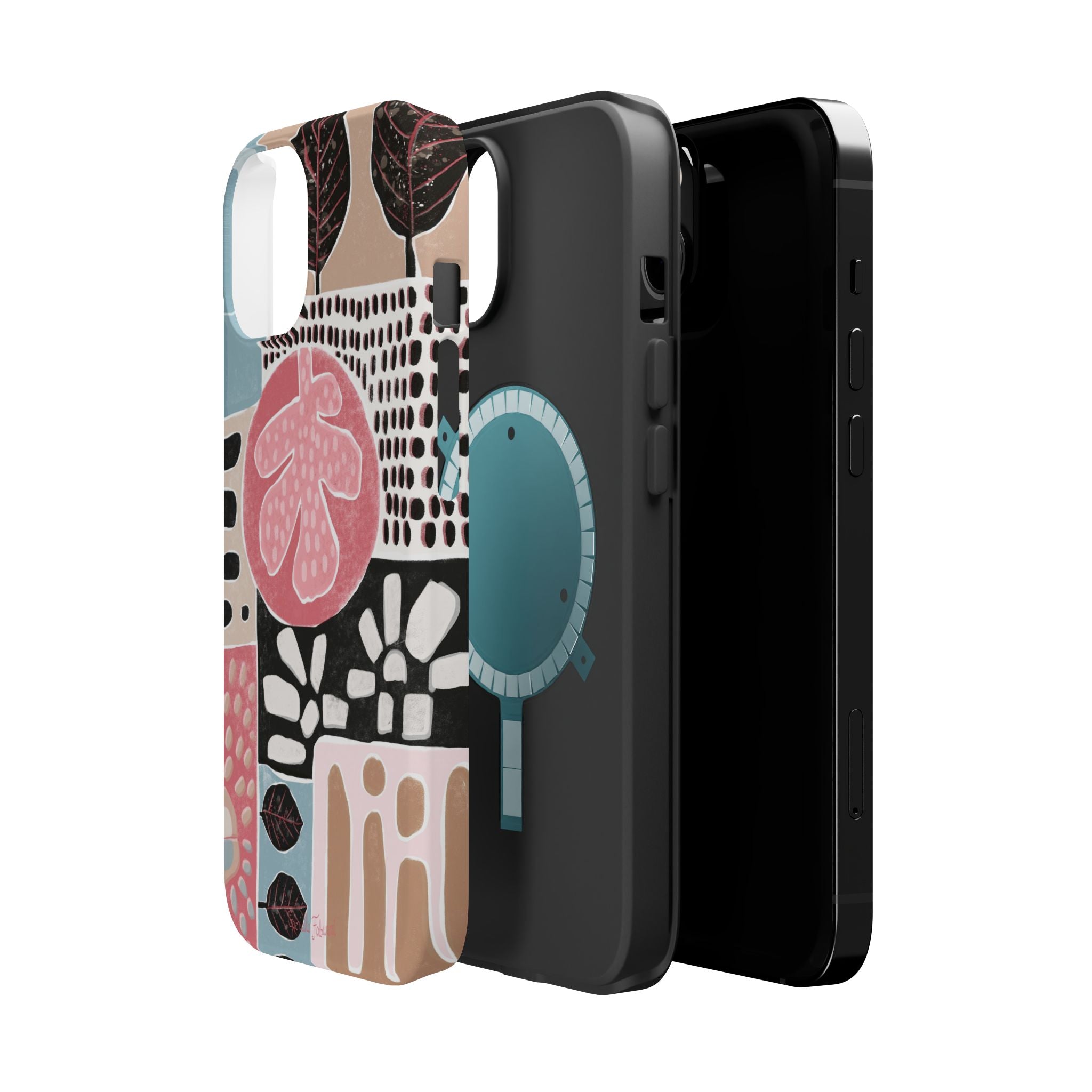 Abstract Floral Magnetic Phone Case — Impact-Resistant Protective Cover with Pink & Teal Collage Design