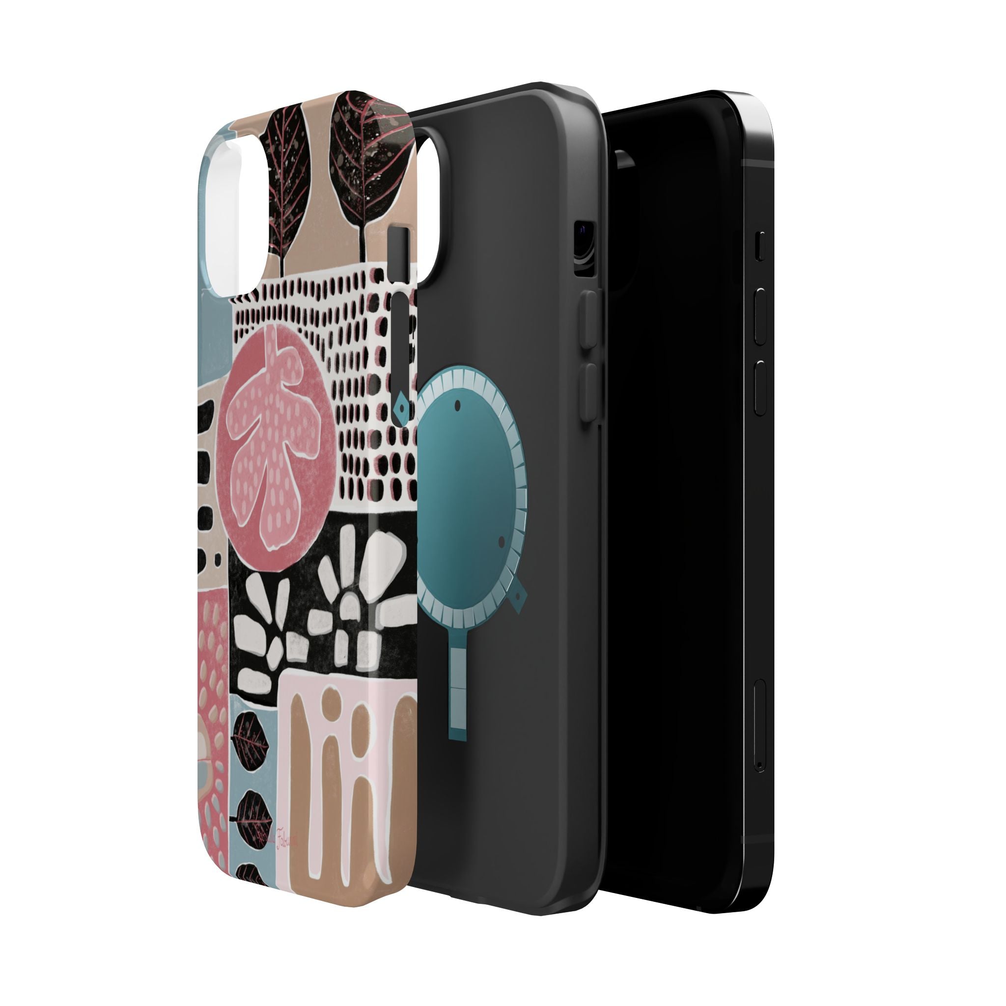 Abstract Floral Magnetic Phone Case — Impact-Resistant Protective Cover with Pink & Teal Collage Design