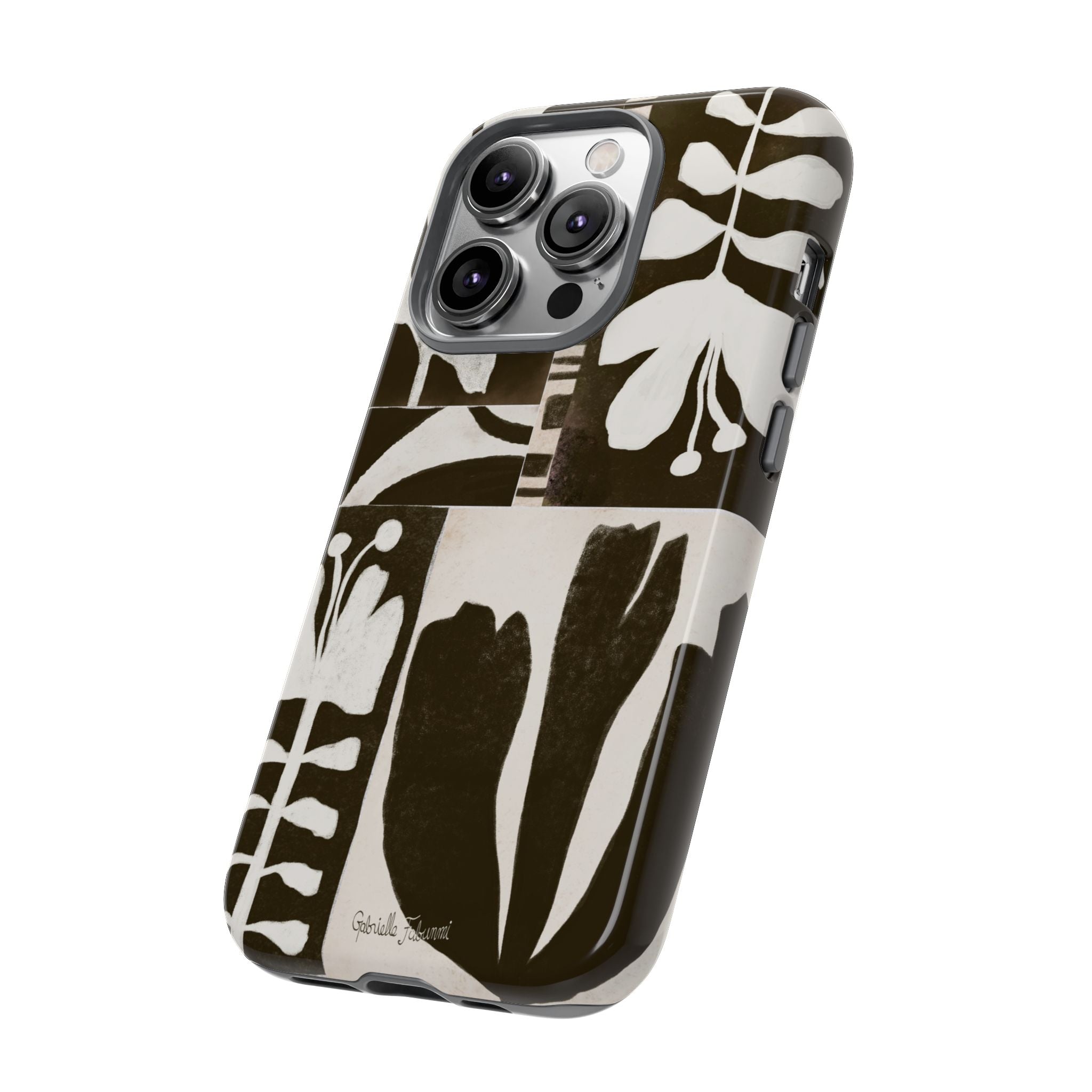 Floral Block Print Tough Phone Case — Black & White Botanical Protective Cover