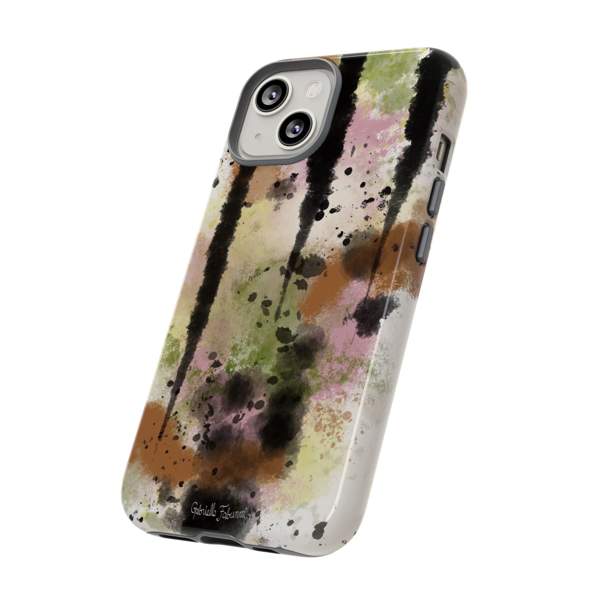 Watercolor Ink Splash Tough Phone Case — Abstract Olive, Blush & Charcoal Protective Cover