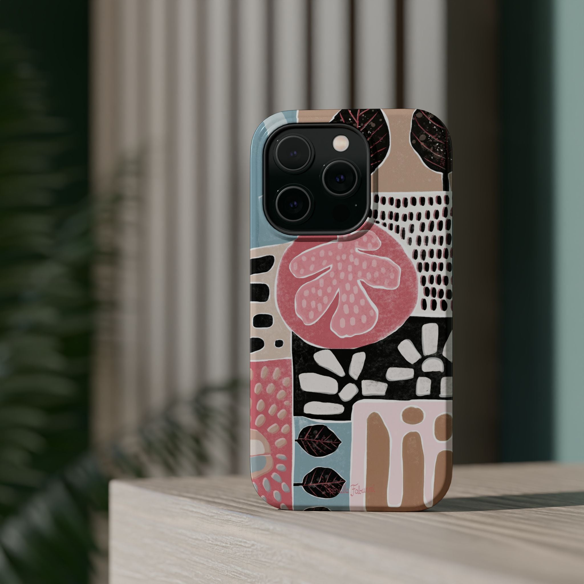Abstract Floral Magnetic Phone Case — Impact-Resistant Protective Cover with Pink & Teal Collage Design