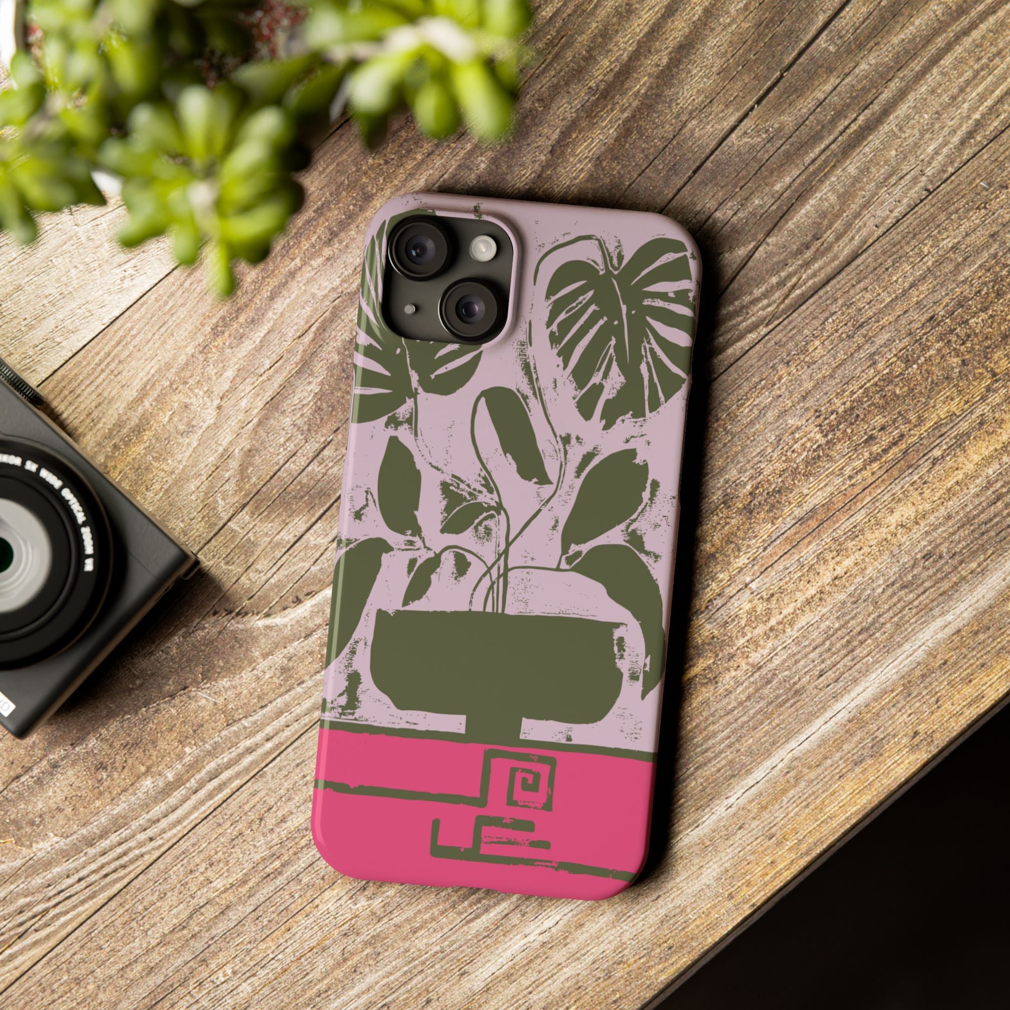 Slim Phone Case — Retro Monstera Plant Pink Green Botanical Design