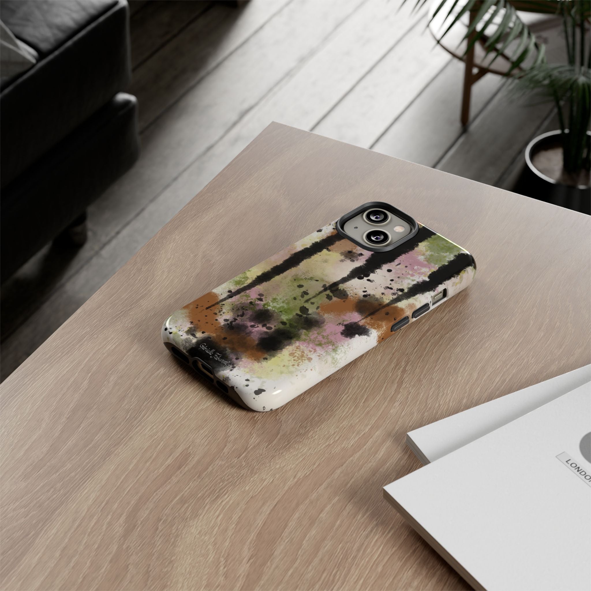 Watercolor Ink Splash Tough Phone Case — Abstract Olive, Blush & Charcoal Protective Cover
