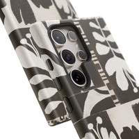 Floral Block Print Tough Phone Case — Black & White Botanical Protective Cover