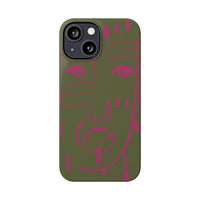 Abstract Face Line Art Slim Phone Case | Olive Green with Magenta Sketch
