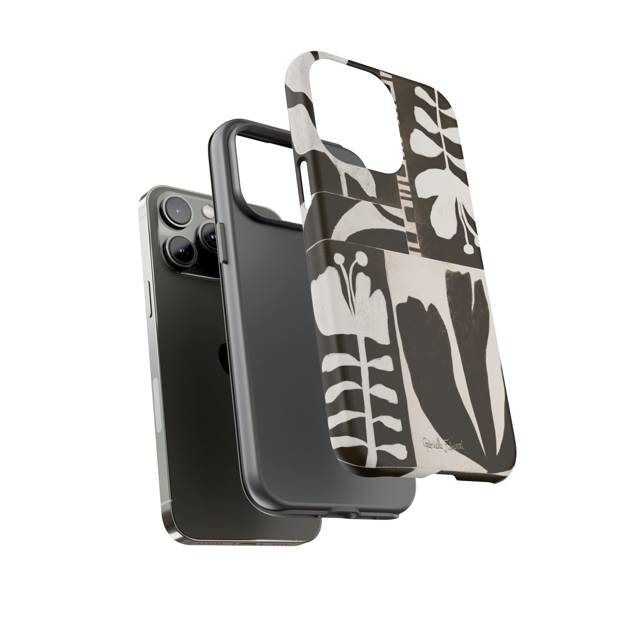 Floral Block Print Tough Phone Case — Black & White Botanical Protective Cover