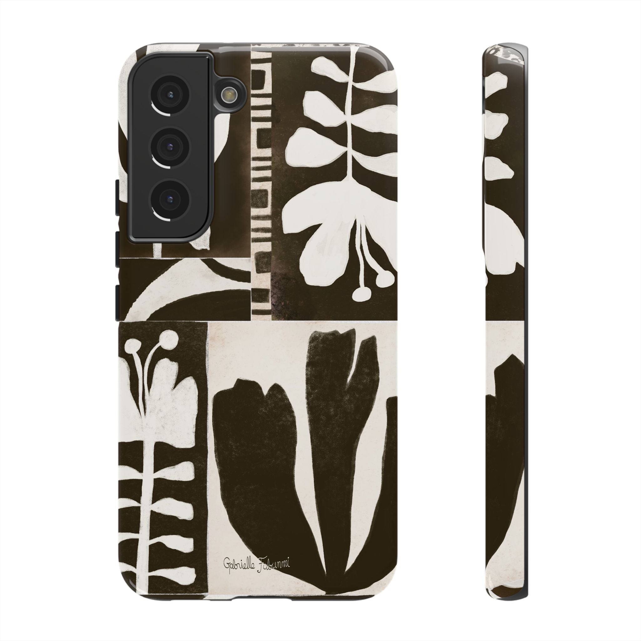 Floral Block Print Tough Phone Case — Black & White Botanical Protective Cover