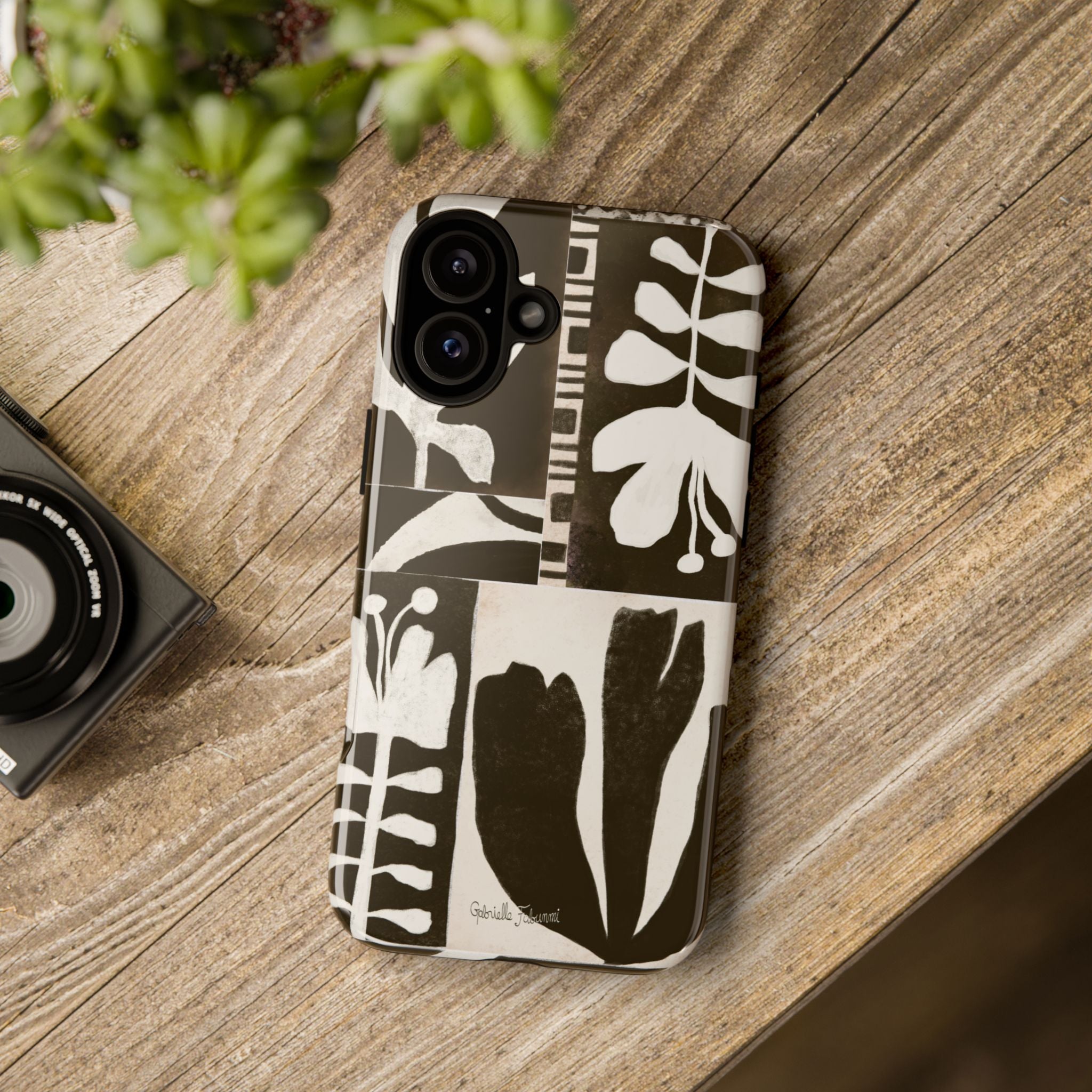 Floral Block Print Tough Phone Case — Black & White Botanical Protective Cover