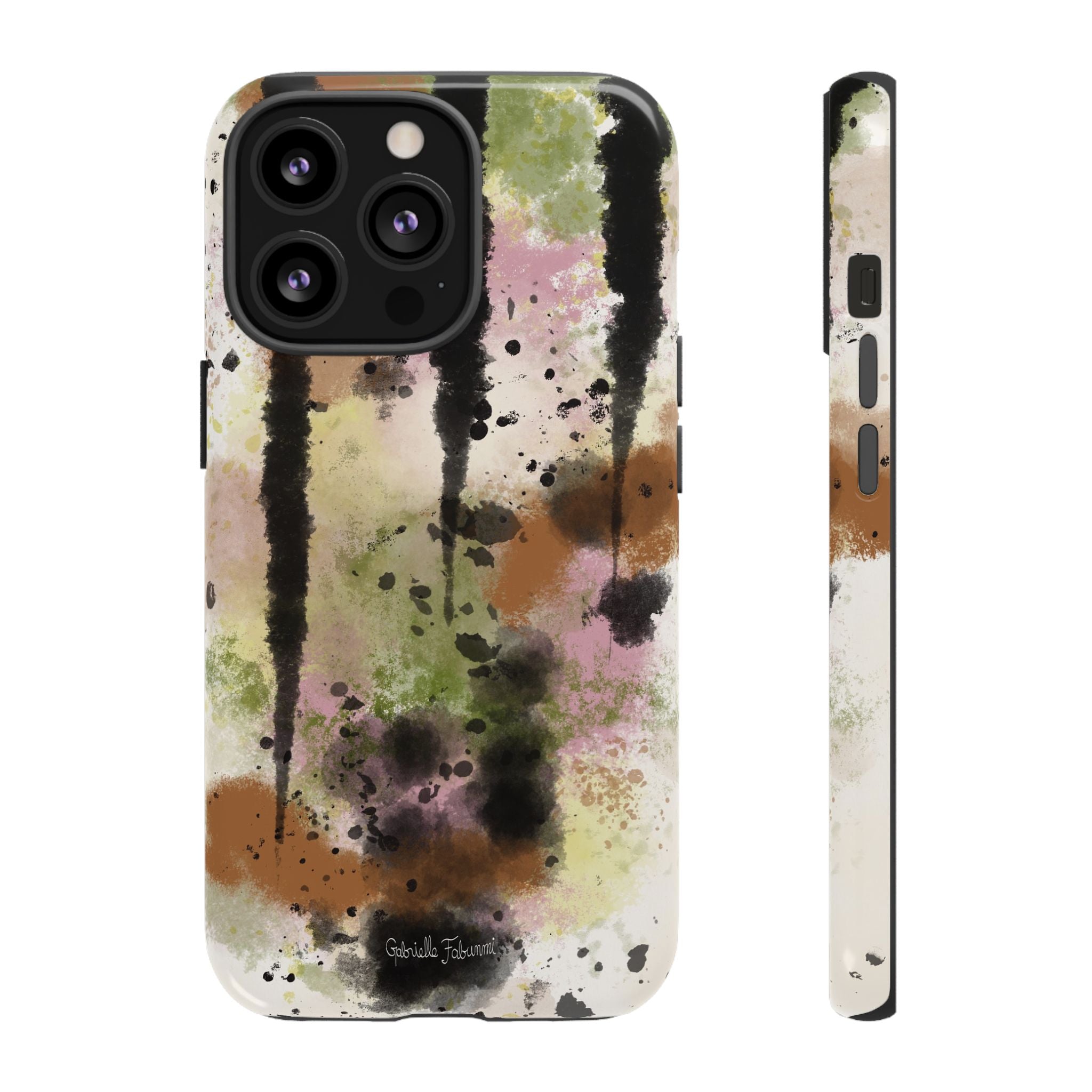Watercolor Ink Splash Tough Phone Case — Abstract Olive, Blush & Charcoal Protective Cover