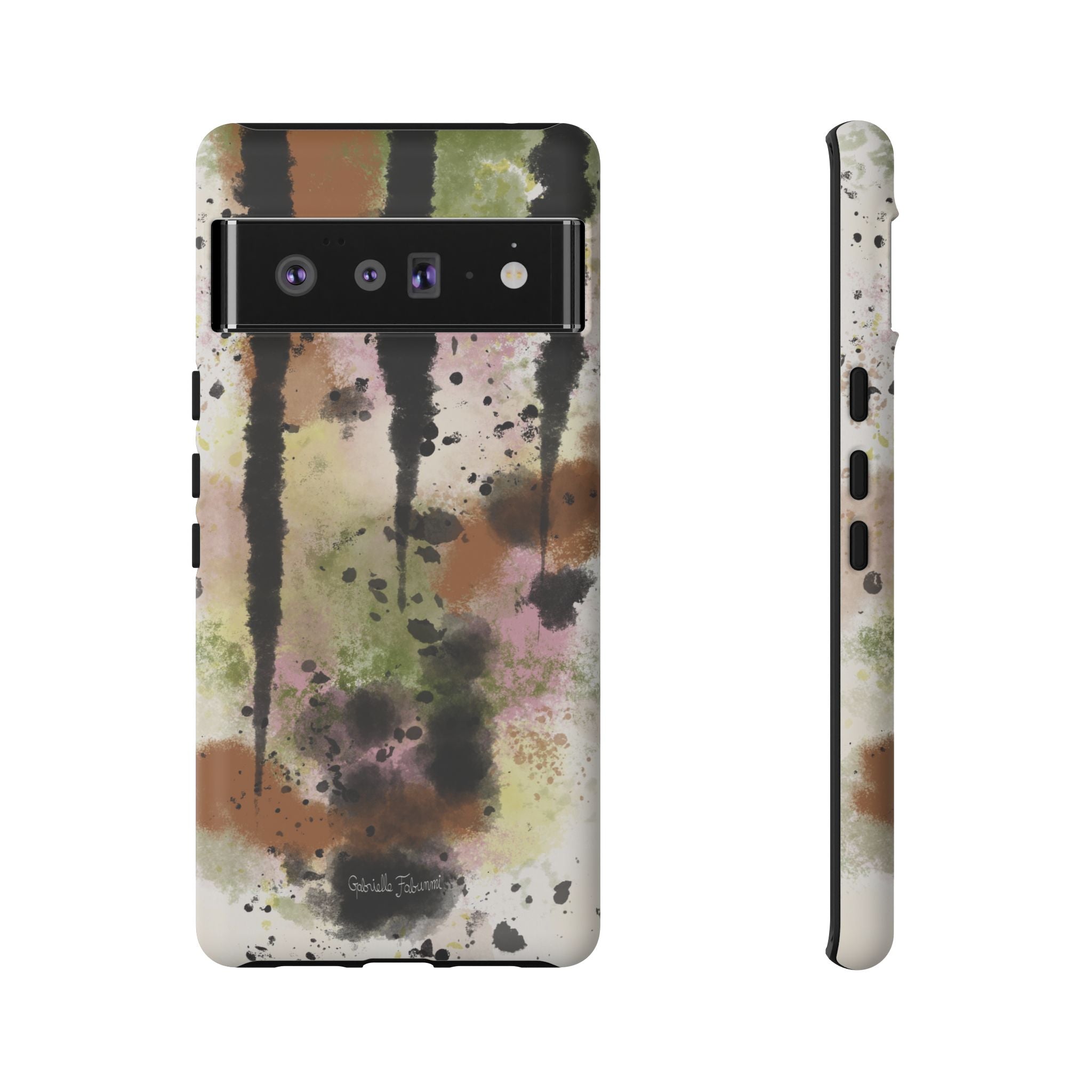 Watercolor Ink Splash Tough Phone Case — Abstract Olive, Blush & Charcoal Protective Cover