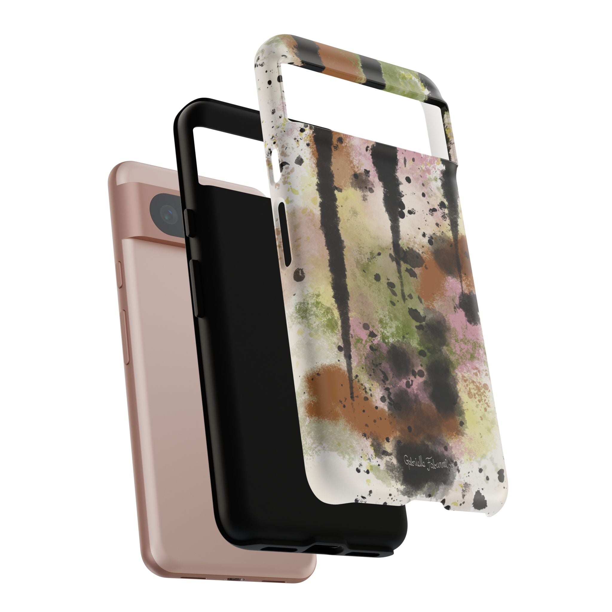 Watercolor Ink Splash Tough Phone Case — Abstract Olive, Blush & Charcoal Protective Cover