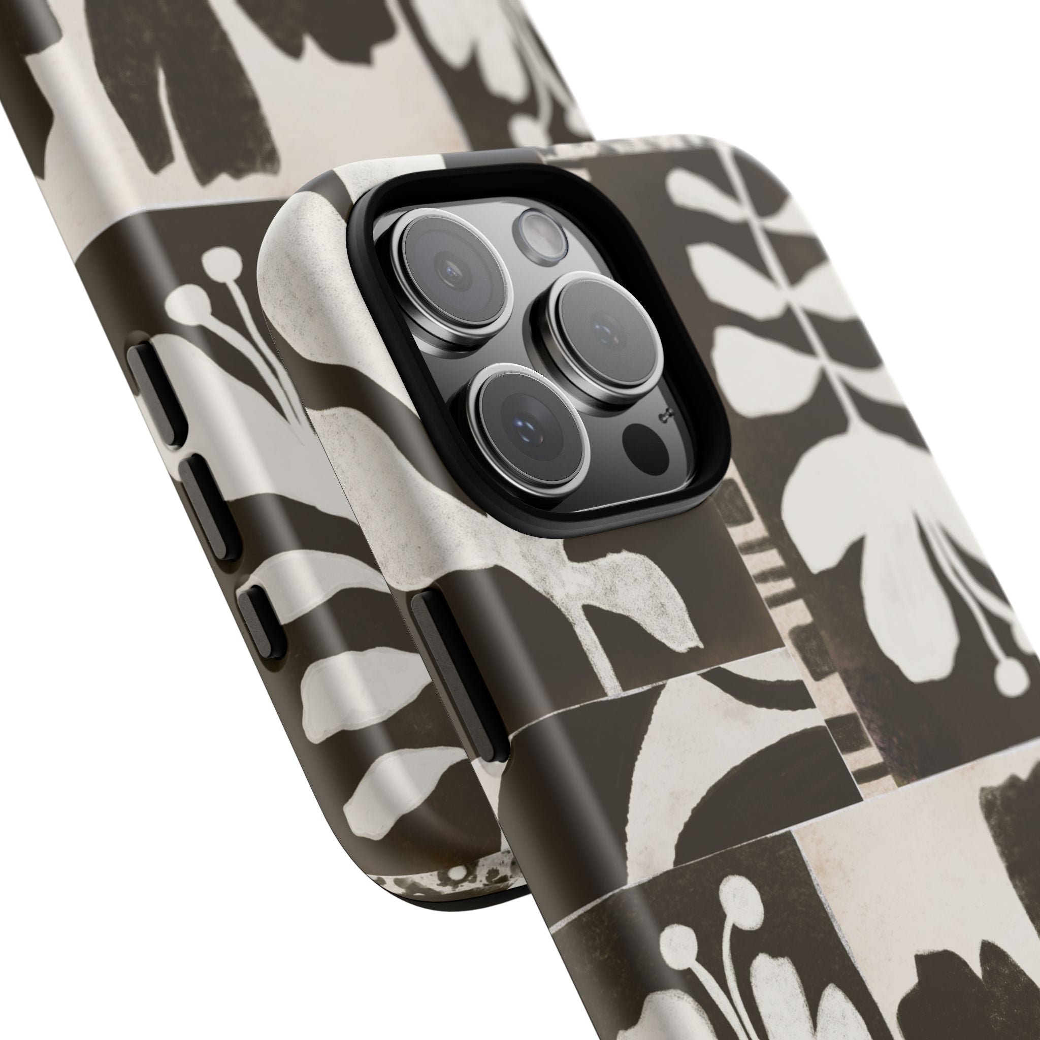 Floral Block Print Tough Phone Case — Black & White Botanical Protective Cover