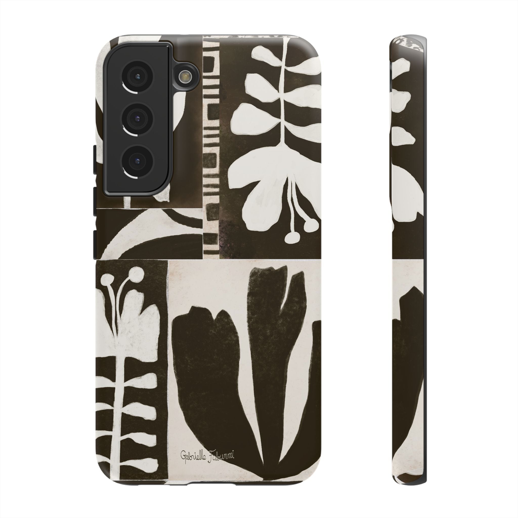 Floral Block Print Tough Phone Case — Black & White Botanical Protective Cover