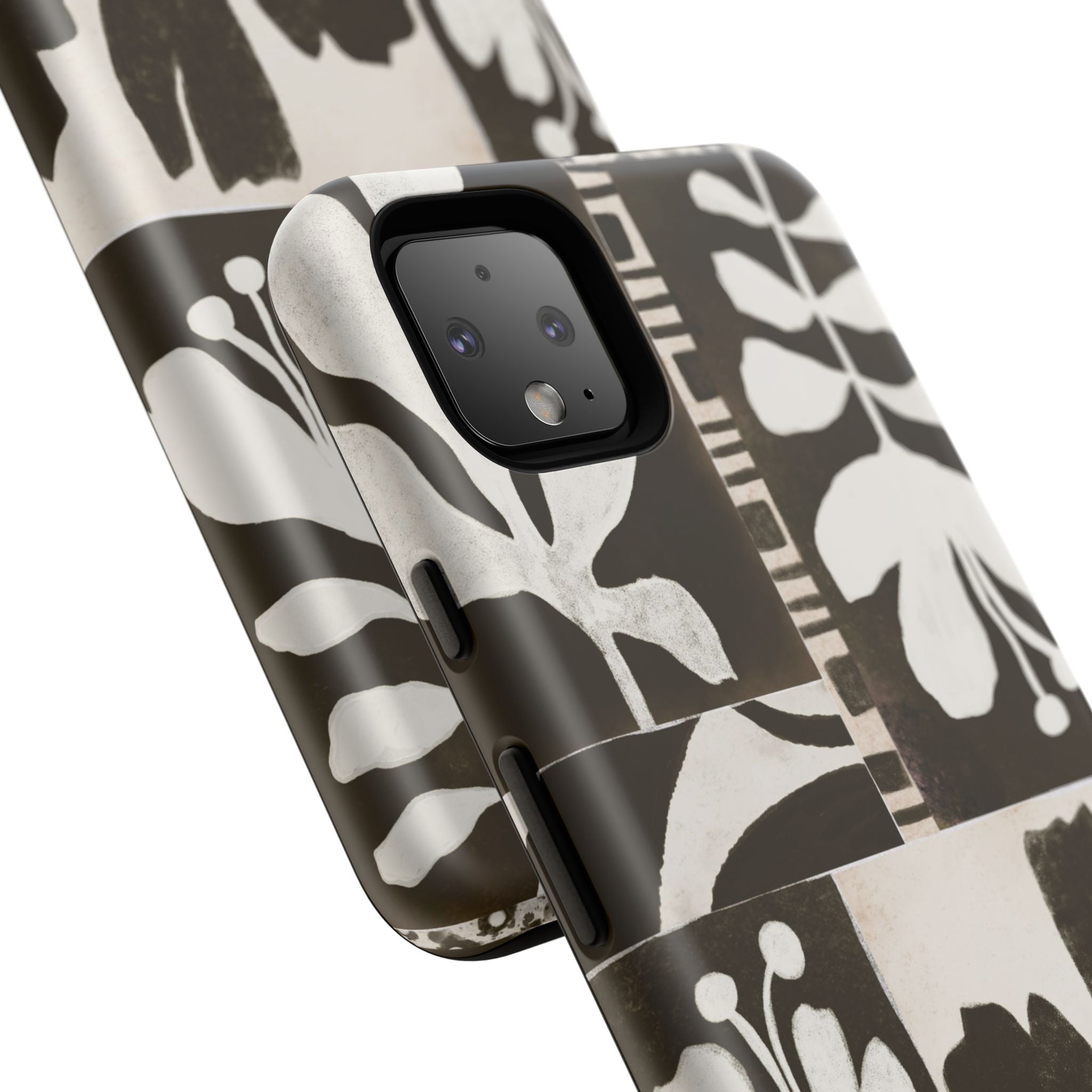 Floral Block Print Tough Phone Case — Black & White Botanical Protective Cover
