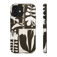 Floral Block Print Tough Phone Case — Black & White Botanical Protective Cover