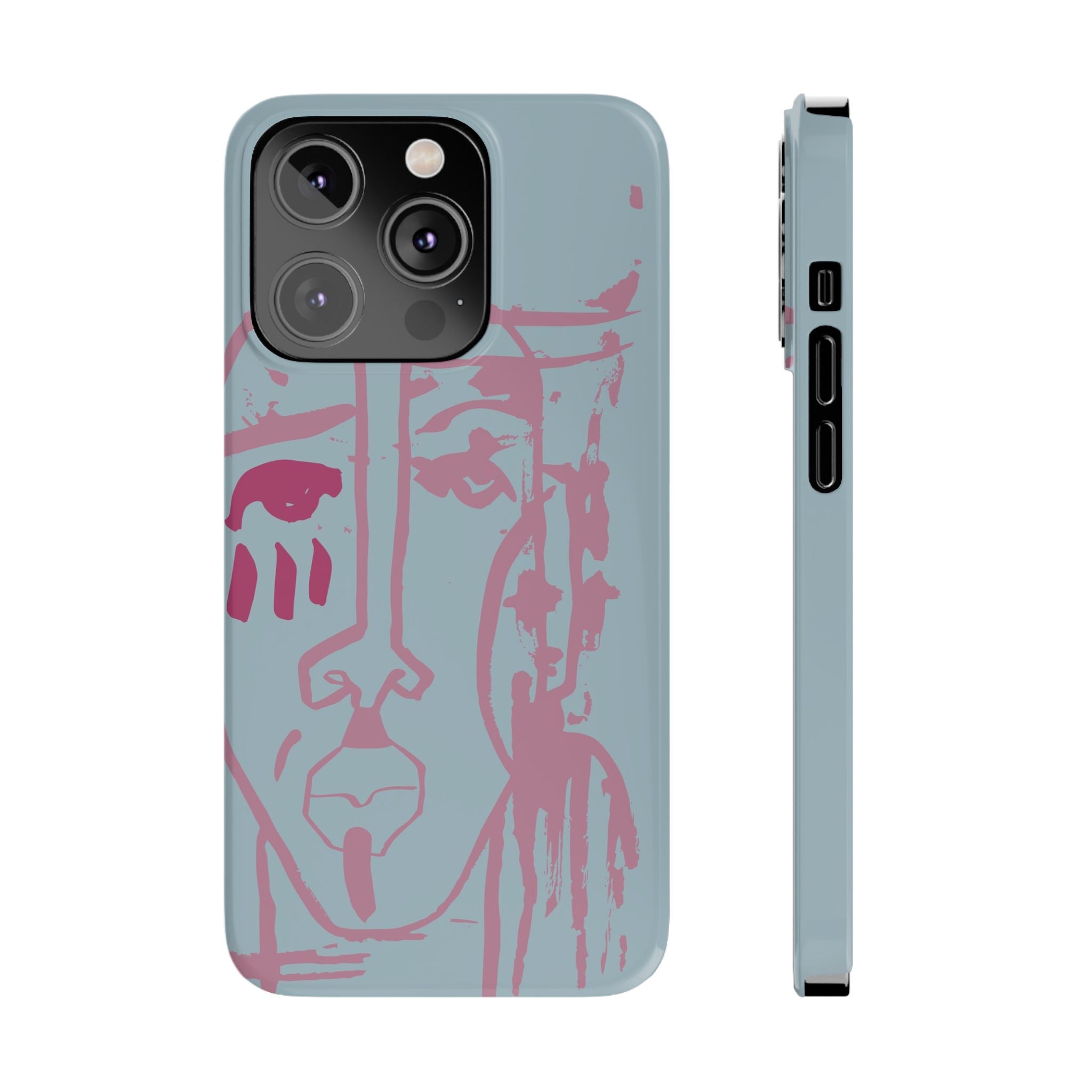 Abstract Line Face Slim Phone Case | Minimalist Portrait, Dusty Blue & Rose